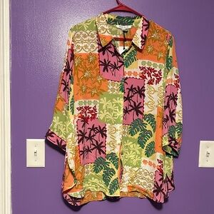 Rose & Olive Multicolor Tropical Print Top beach vibes Hawaiian button up